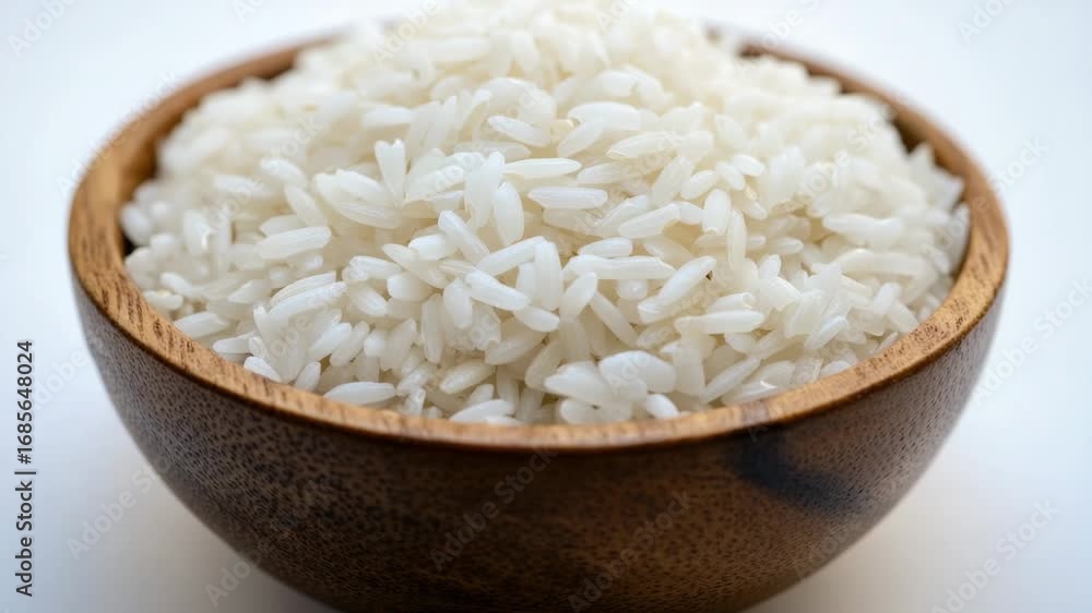 A simple wooden bowl filled with rice sits on a table, ready for use A simple wooden bowl filled with rice sits on a table, ready for use