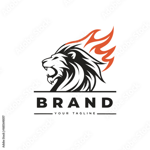 "A bold and modern vector logo of a roaring lion’s head with a fiery mane. The mane blends shades of orange and red flames, symbolizing power, strength, and energy.