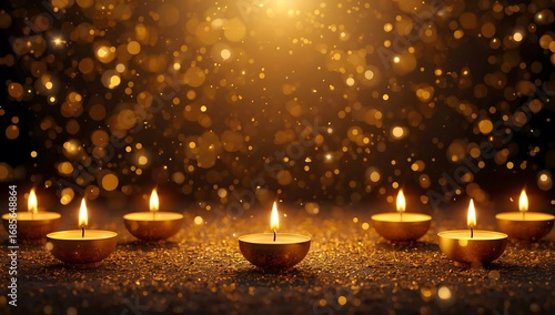 Deepavali Diwali theme, Diwali background with floating golden candles and sparkling confetti.