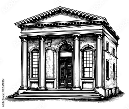 Neoclassical building in a woodblock style, black and white, representing governmental or financial institutions.