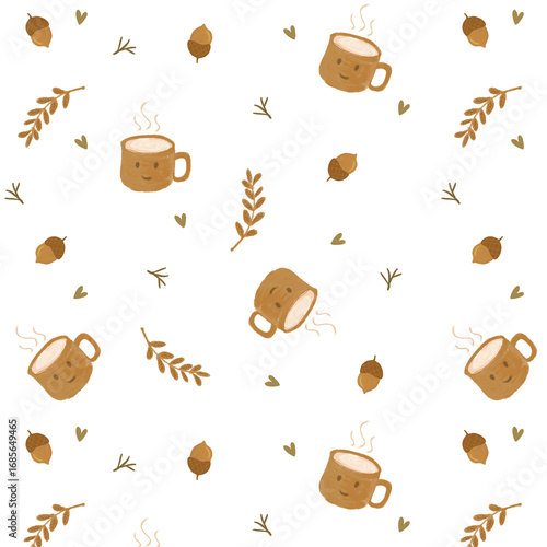 autumn floral and coffee seamless pattern transparent