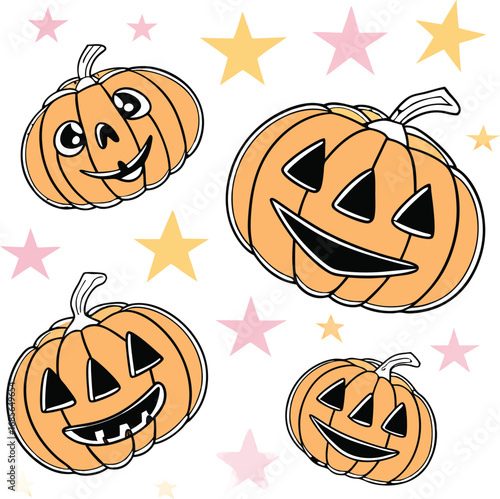 Four smiling pumpkins and colorful stars on black background