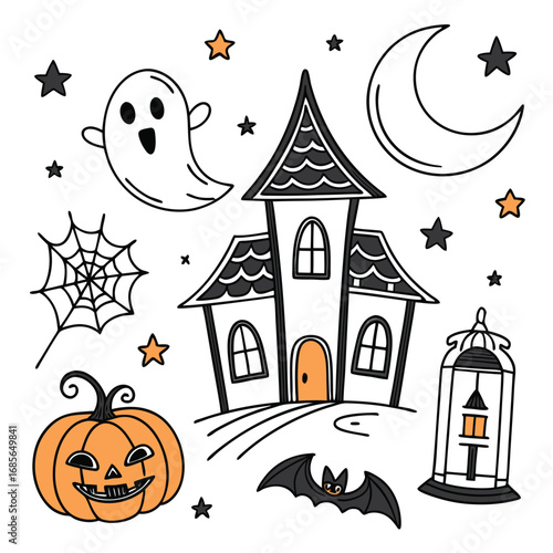 Halloween haunted house and spooky elements ghost moon