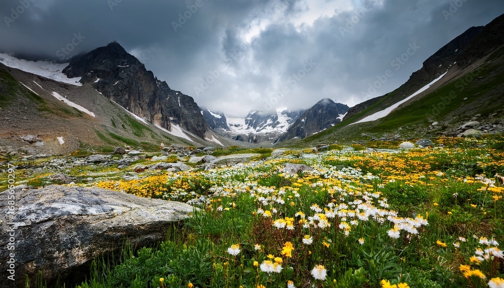 Fototapeta premium a vibrant alpine meadow with yellow and white wildflowers scattered among rocks framed by towering mountains beneath a moody overcast sky
