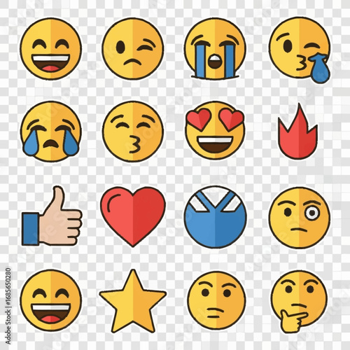 Collection of bright and colorful emojis conveying various emotions, including joy, sadness, love, and thoughtful contemplation