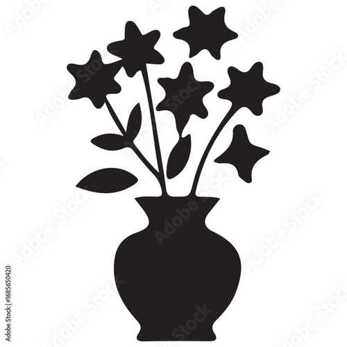 Stylized silhouette of a vase filled with abstract star shaped flowers and leaves on a white background
