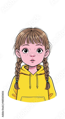 Adorable Girl with Pigtails in Yellow Hoodie Illustration