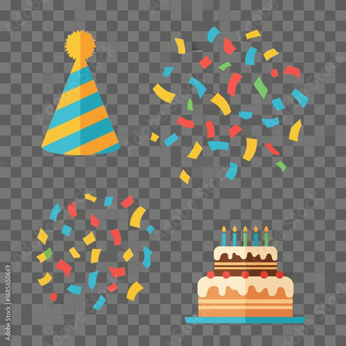 Festive Birthday Celebration Party Hat, Confetti, and Cake for a Joyful Occasion