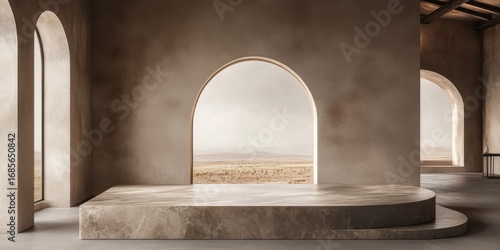 Minimalist modern interior design featuring marble platform with arched windows and neutral tones. Spacious empty room with elegant architecture for product display or presentations.
