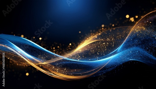 colorful abstract waves of blue and gold illuminate the dark background with dynamic fluid movement and sparkles