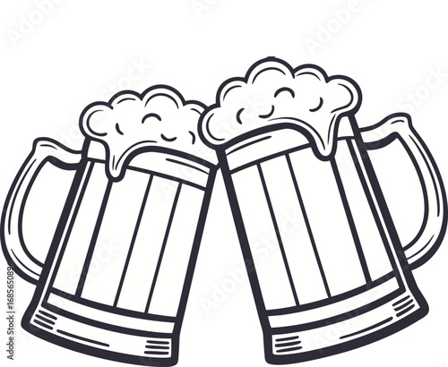 Two beer mugs toasting with frothy beer