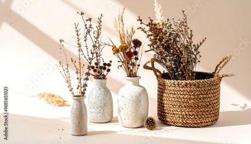 Dried botanicals in pottery and basket
