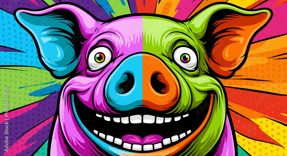 Fototapeta premium A whimsical and psychedelic pop art illustration of a smiling pig's face, split into four vibrant colors, with a wide, toothy grin and a colorful, swirling background.