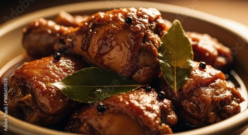 Savory Braised Chicken Adobo with Bay Leaves and Peppercorns in a Bowl
