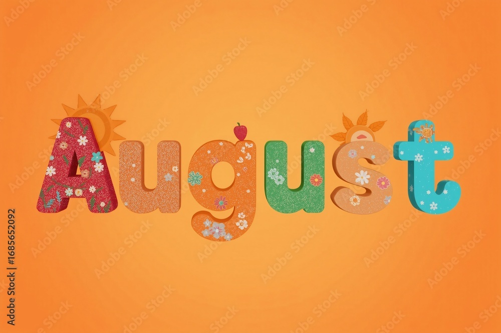 Fototapeta premium August floral lettering, summer sun, orange background, calendar design