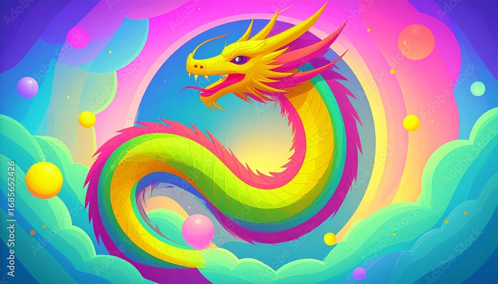 Obraz premium Colorful illustration of a mythical rainbow dragon flying in a dreamy, abstract pastel world of magic and imagination