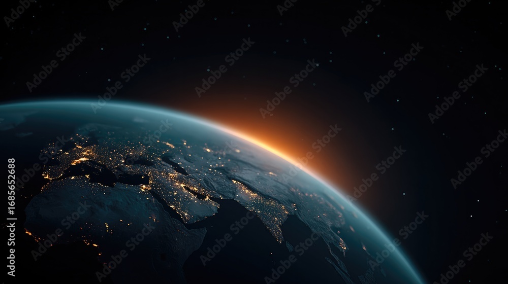Obraz premium Dramatic view of Earth at dawn showcasing vibrant colors and city lights below