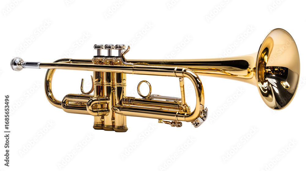 Obraz premium Shiny polished brass trumpet with shiny valves detailed studio shot musical instrument photography transparent background