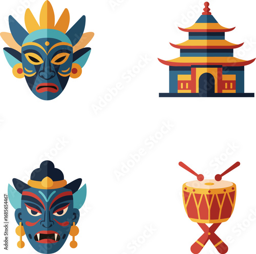 Asian Culture Icons Masks, Temple, and Drum