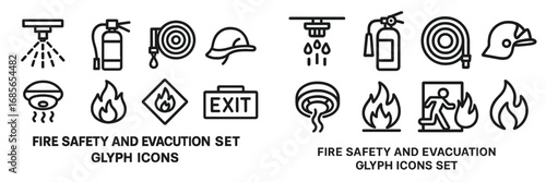 Collection of fire safety and evacuation glyph icons featuring equipment and emergency symbols for safety awareness