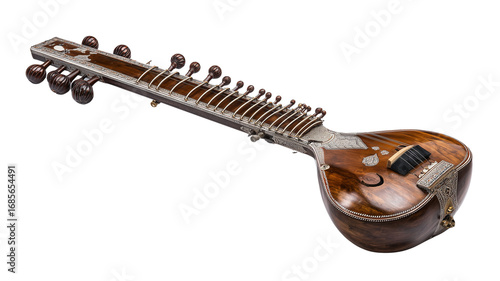 Traditional sitar with rich wooden body intricate details and stringed musical instrument craftsmanship transparent background