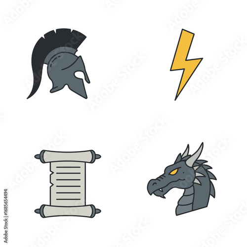 Mythical Icon Set Ancient Warrior Helmet, Lightning Bolt, Scroll, and Dragon Head Illustrations