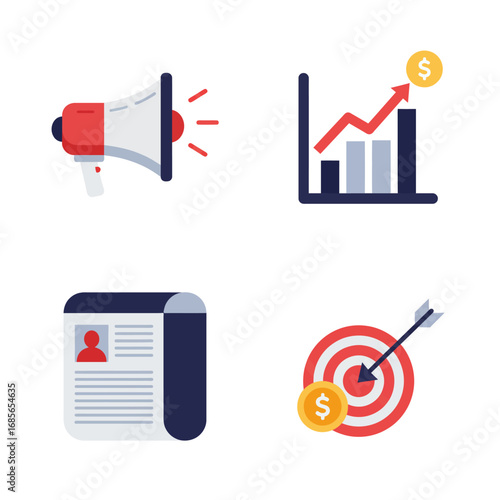 Business growth and marketing success concepts illustrated by icons of megaphone, chart, resume, and target with coins