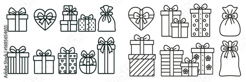 Colorful gift boxes and bags with bows arranged in a festive pattern for celebrations and special occasions