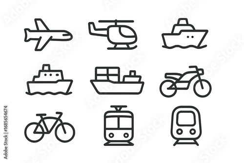 Transportation icons representing various modes of travel, including air, water, and land, in a simple and clean design