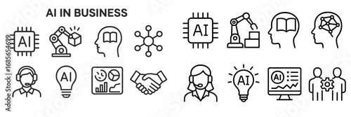 Overview of artificial intelligence applications in business with diverse icons representing various technologies and functions