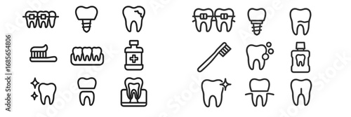 Collection of dental icons representing oral care essentials and treatments for healthy teeth