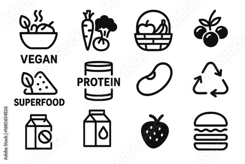 Vegan food icons featuring fresh vegetables, fruits, and healthy snacks emphasizing nutrition and sustainability