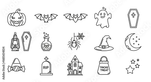 Halloween Icon Vector Set – Pumpkin, Ghost, Bat, Skull, Witch Hat, and Spooky Elements