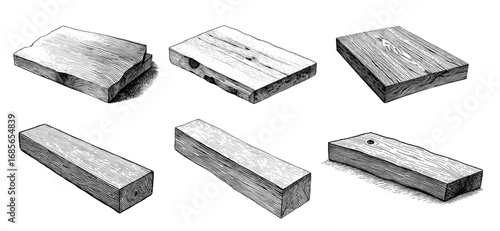 Wood blocks in a woodcut style, in black and white, for woodworking and carpentry guides