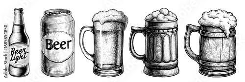 Beer containers in a woodblock print style, in black and white, showing various drinkware types