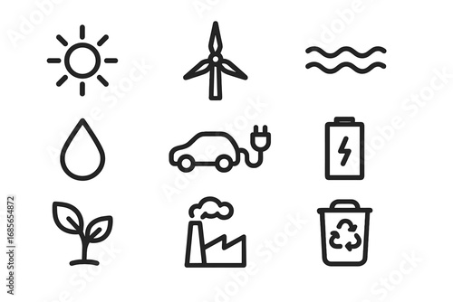 Icons representing sustainable energy and environmental awareness in a minimalist design
