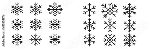 Various unique snowflake designs displayed in a grid format, showcasing intricate patterns and styles