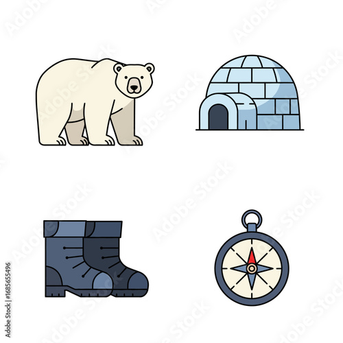 Winter adventure collection of outline icons including a polar bear, igloo, warm boots, and a magnetic compass for arctic travel