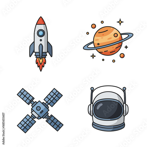 Space Exploration Icons Rocket, Planet, Satellite, Astronaut Helmet