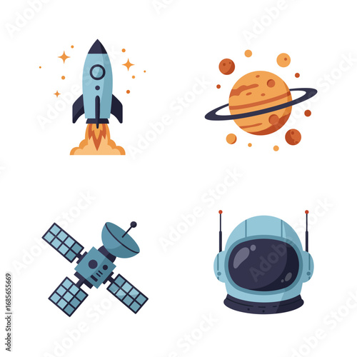 Space exploration and astronomy flat icon set featuring a launching rocket, a ringed planet, an orbiting satellite, and an astronaut helmet vector illustration