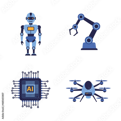 Set of flat design icons for technology, including artificial intelligence, robotics, industrial automation arm, and a quadcopter drone, isolated on a white background