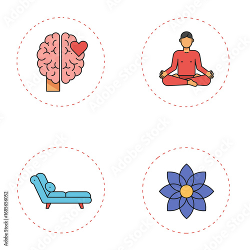 Set of colorful thin line icons for psychology and mental wellness, depicting a therapy couch, meditating figure, brain with heart, and spiritual lotus flower