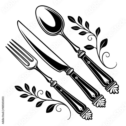 Isolated silverware set with fork, knife, and spoon on a white background silhouette