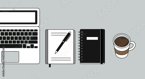 Minimalist flat lay of a modern workspace with laptop, notebooks, and coffee, representing productivity and creative process
