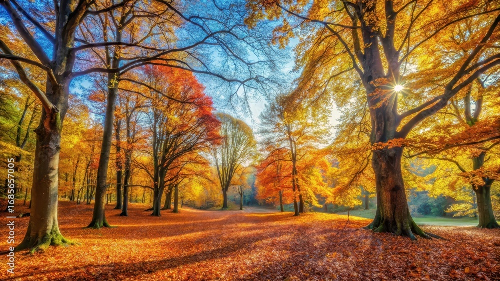 Fototapeta premium Serene forest landscape with vibrant autumn foliage and fallen leaves on the ground