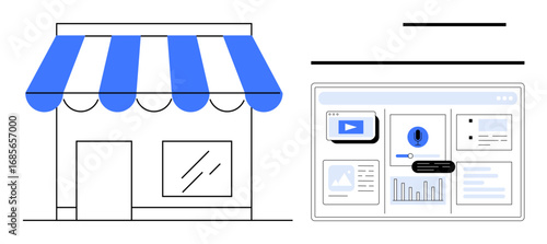 Wallpaper Mural Storefront with striped awning paired with analytical dashboard featuring graphs and video interface. Ideal for e-commerce, marketing, data analysis, small business, entrepreneurship, strategy Torontodigital.ca