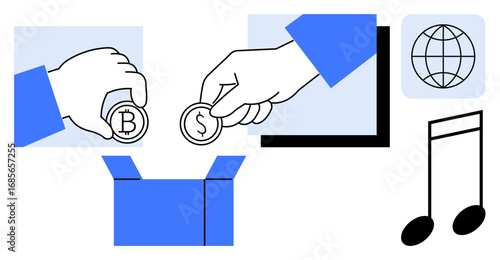Hands holding cryptocurrency and dollar coins above an open box, with screen, globe, and music notes. Ideal for crowdfunding, global trade, digital finance, music industry, sharing partnership