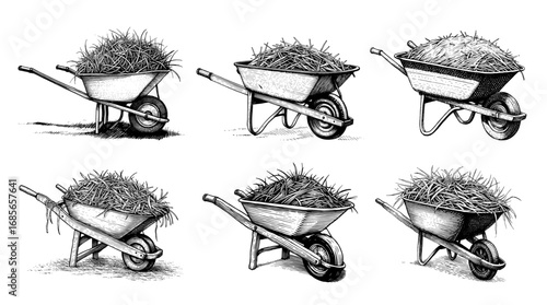 Wheelbarrows with grass in vintage woodcut style, black and white