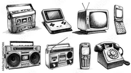 Collection of vintage electronic devices in a woodblock style, black and white