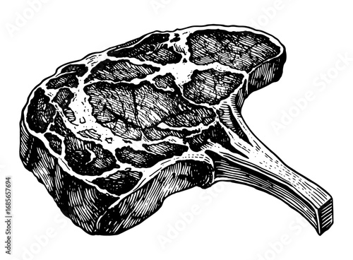 Raw ribeye steak with bone in a vintage drawing style, black and white